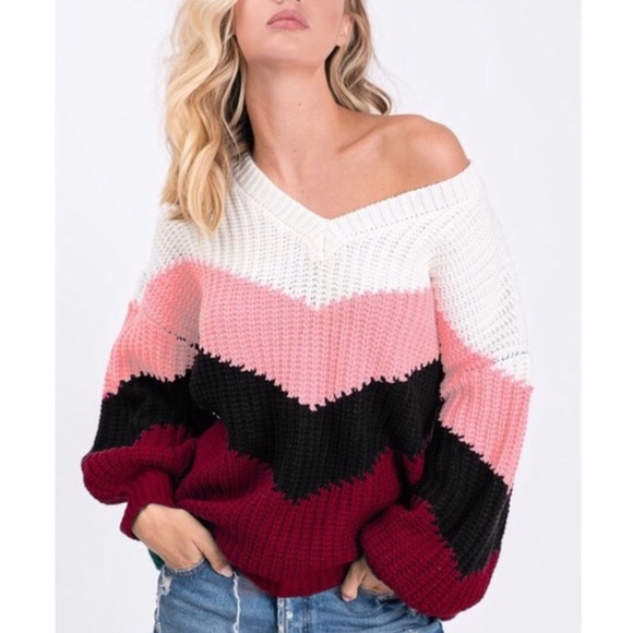 $ FIRM 🌷 Burgundy Chevron Colorblock Sweater - Picture 3 of 8